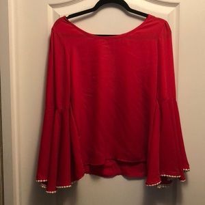Keyhole back, bell-sleeve red blouse